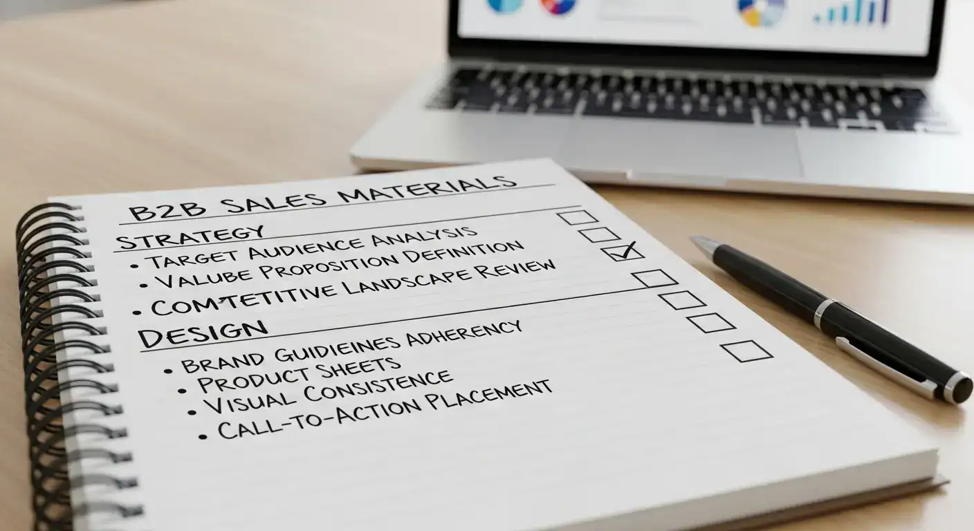 22-Punkte Checkliste für B2B-Verkaufsunterlagen aufgeteilt in 7 Kategorien: Strategie, Inhalt, Gestaltung, Multi-Channel, Verkaufspsychologie, Technical Excellence, Systematischer Approach