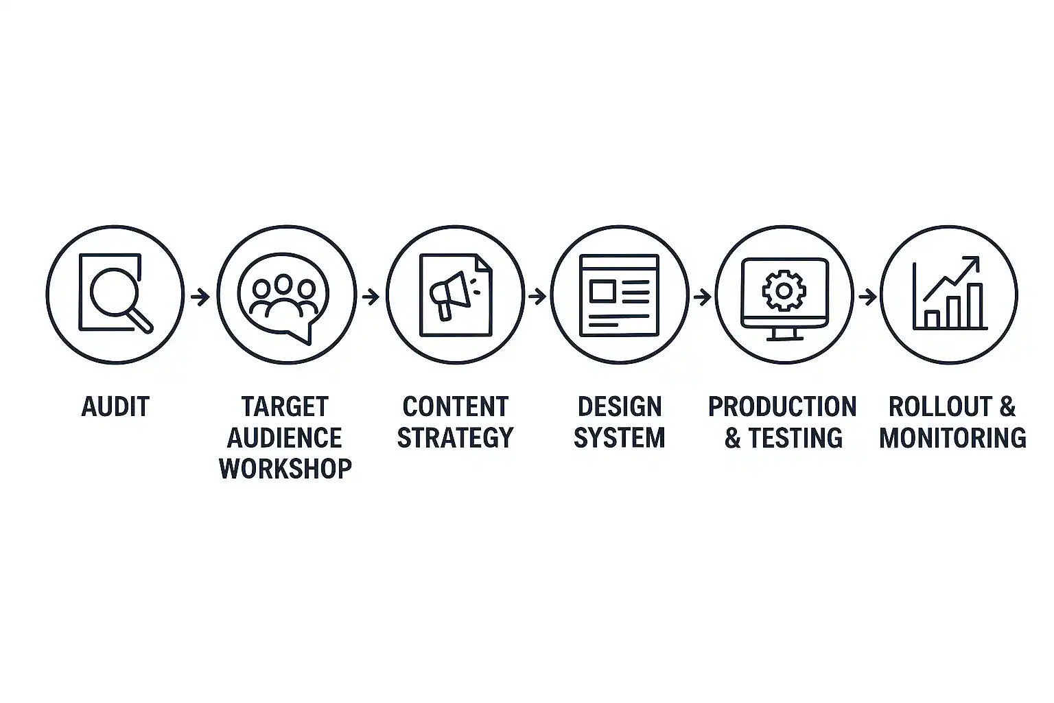 Prozess-Diagramm zeigt 6 Schritte zur Erstellung professioneller B2B-Verkaufsunterlagen: Audit, Zielgruppen-Workshop, Content-Strategie, Design-System, Produktion & Testing, Roll-Out & Monitoring