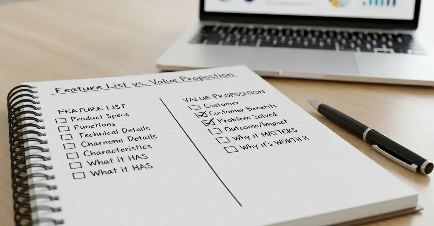 Vergleichstabelle zeigt Unterschied zwischen falscher Feature-Liste (CloudCloud-basierte Architektur, 24/7 Monitoring) und richtiger Nutzenargumentation (Von überall auf Daten zugreifen, Ruhig schlafen mit 24/7 Überwachung)