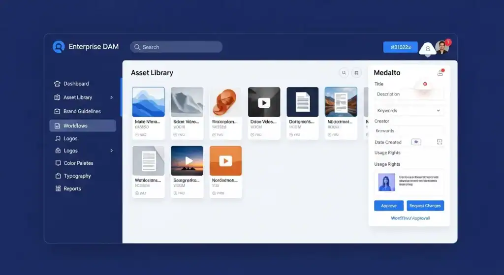 DAM Systeme Interface - Digital Asset Management Software mit Brand Guidelines, Asset Library und Genehmigungsworkflow in professionellem Blaudesign