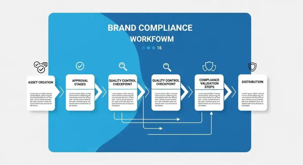 DAM Systeme Compliance-Workflow: Strukturierter Prozess von Asset-Erstellung, Qualitätskontrolle bis Verteilung mit Brand-Compliance-Checkpoints