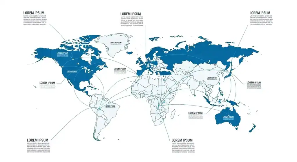 Globale Markenstrategie Illustration zeigt Verbindungen zwischen internationalen Märkten für Lokalisierung und Standardisierung