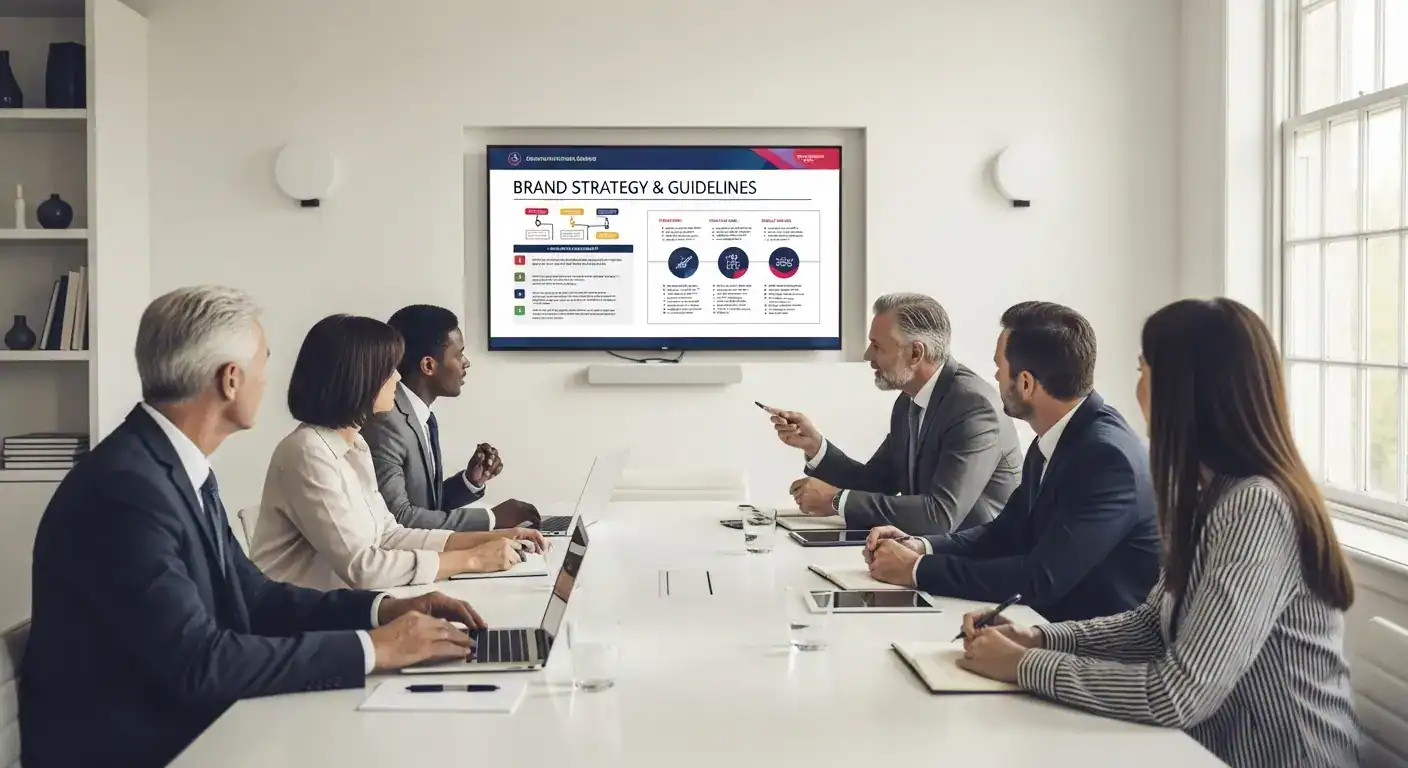 Brand Governance Meeting: Führungsteam diskutiert Markenrichtlinien-Konformität und Corporate Identity Strategie für internationale Markenkonsistenz