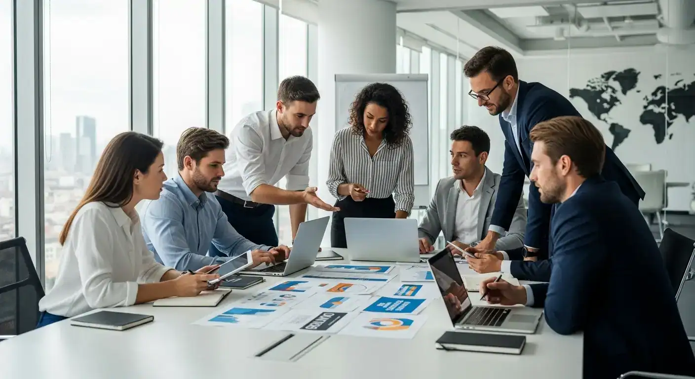 Internationale Markenkonsistenz durch globales Designmanagement: Team implementiert Brand Governance Richtlinien über verschiedene Märkte